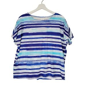 Chico's Weekend Striped Top‎ Women Size 1 Blue Turquoise Short Sleeve Crew Neck